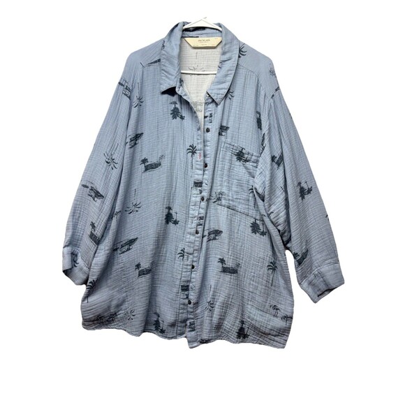 Peace Love World Women's Top Size 3X Boheme Button Up Blue Cotton - Picture 1 of 5